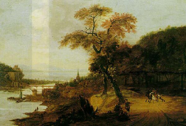 Jacob van der Does Landscape along a river with horsemen, possibly the Rhine. China oil painting art